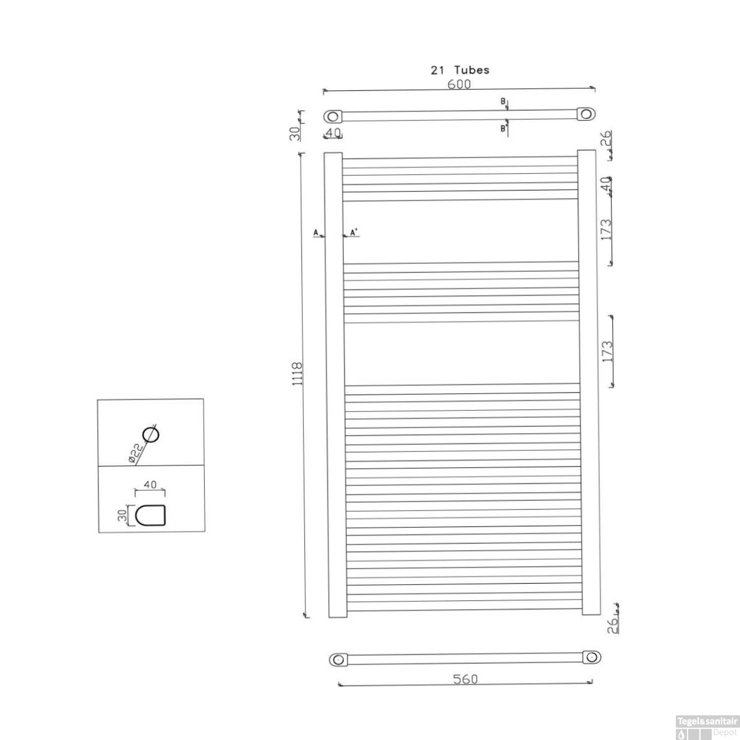 Handdoekradiator Sapho Alya Recht 60x111.8 Cm 364W Chroom 9 Handdoekradiator Sapho Alya Recht 60x111.8 Cm 364W Chroom - Afbeelding 9