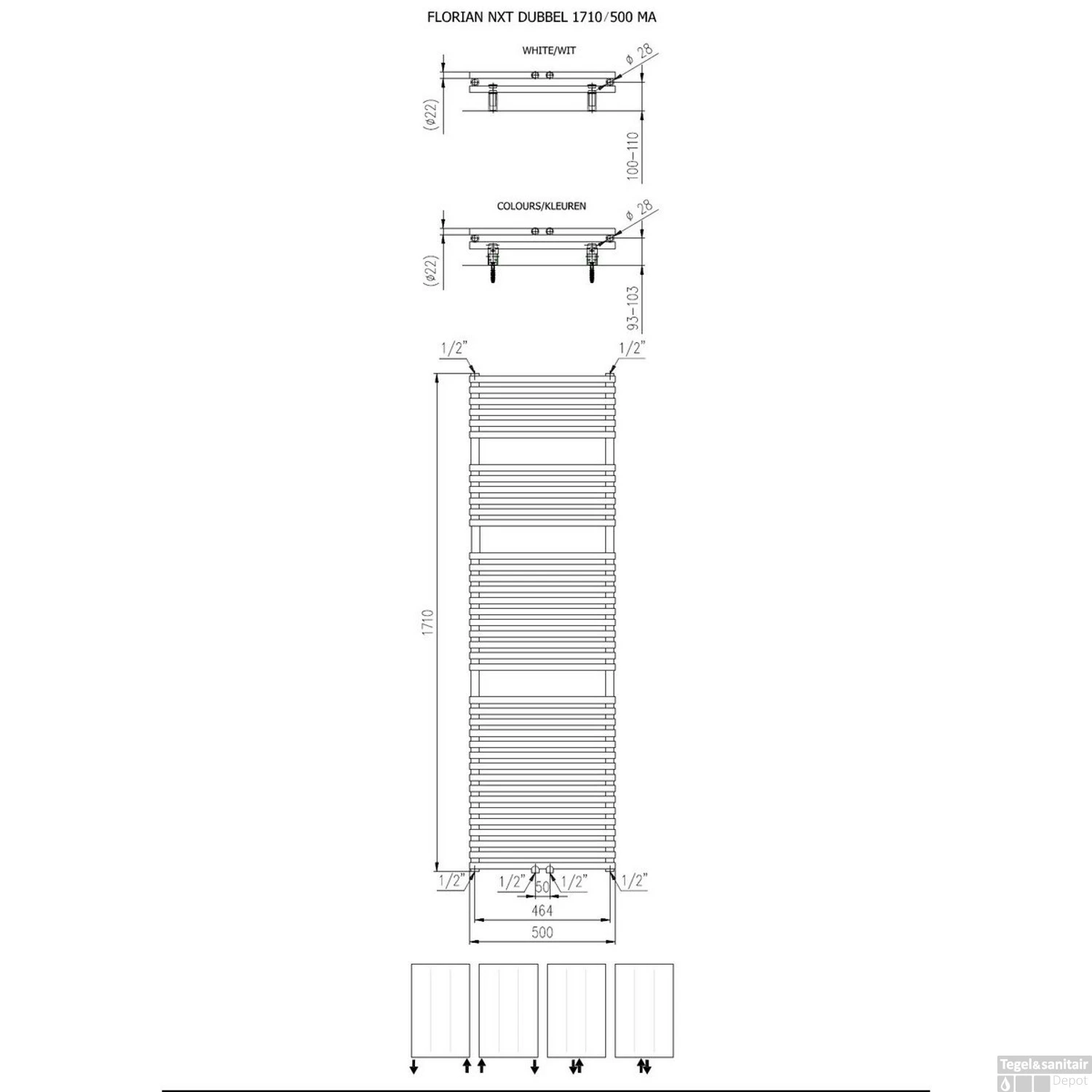 Designradiator Florion Nxt Dubbel 171 X 50 Cm 1161 Watt Met Middenaansluiting Mat Wit - Afbeelding 2