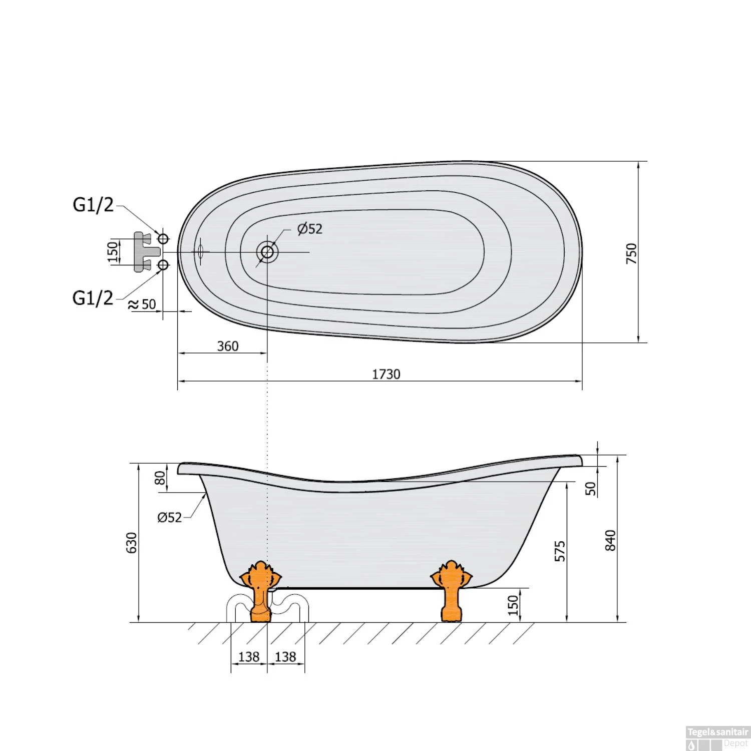 Vrijstaand Bad Sapho Retro 173x75x84 Cm Wit Met Leeuwenpoten Chroom - Afbeelding 6