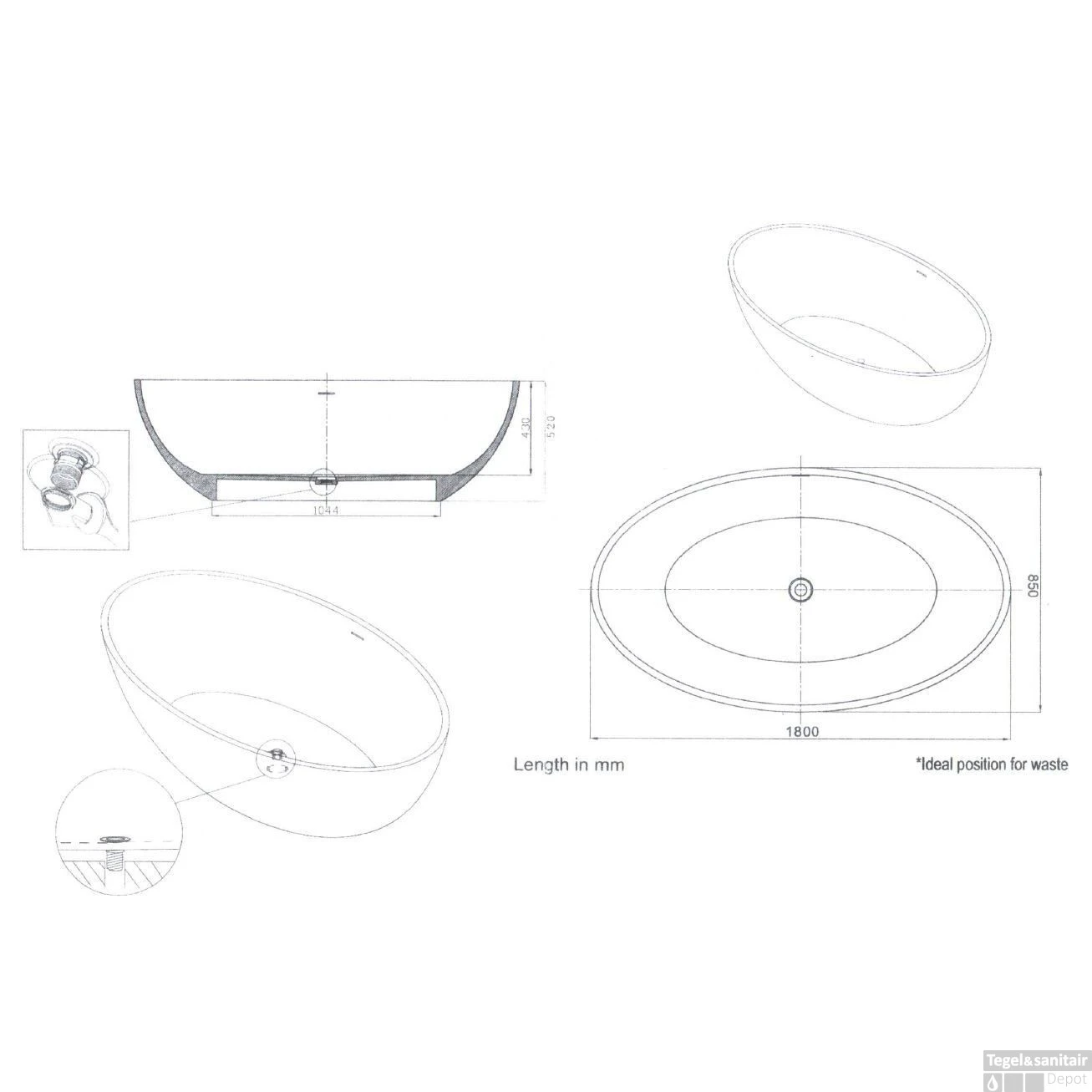 Vrijstaand Bad Best Design New Stone Sand 180x85x52cm Solid Surface 3 Vrijstaand Bad Best Design New Stone Sand 180x85x52cm Solid Surface - Afbeelding 3