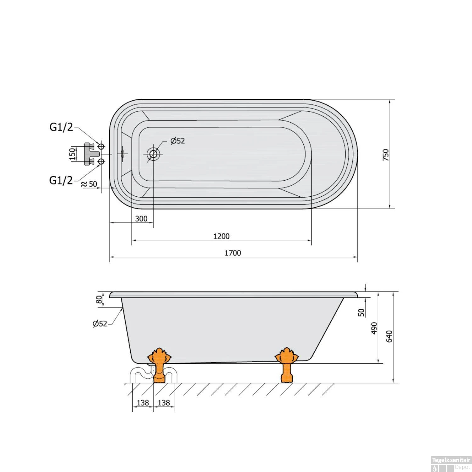 Vrijstaand Bad Sapho Foxtrot 170x75x49 Cm Wit Met Leeuwenpoten Brons - Afbeelding 10