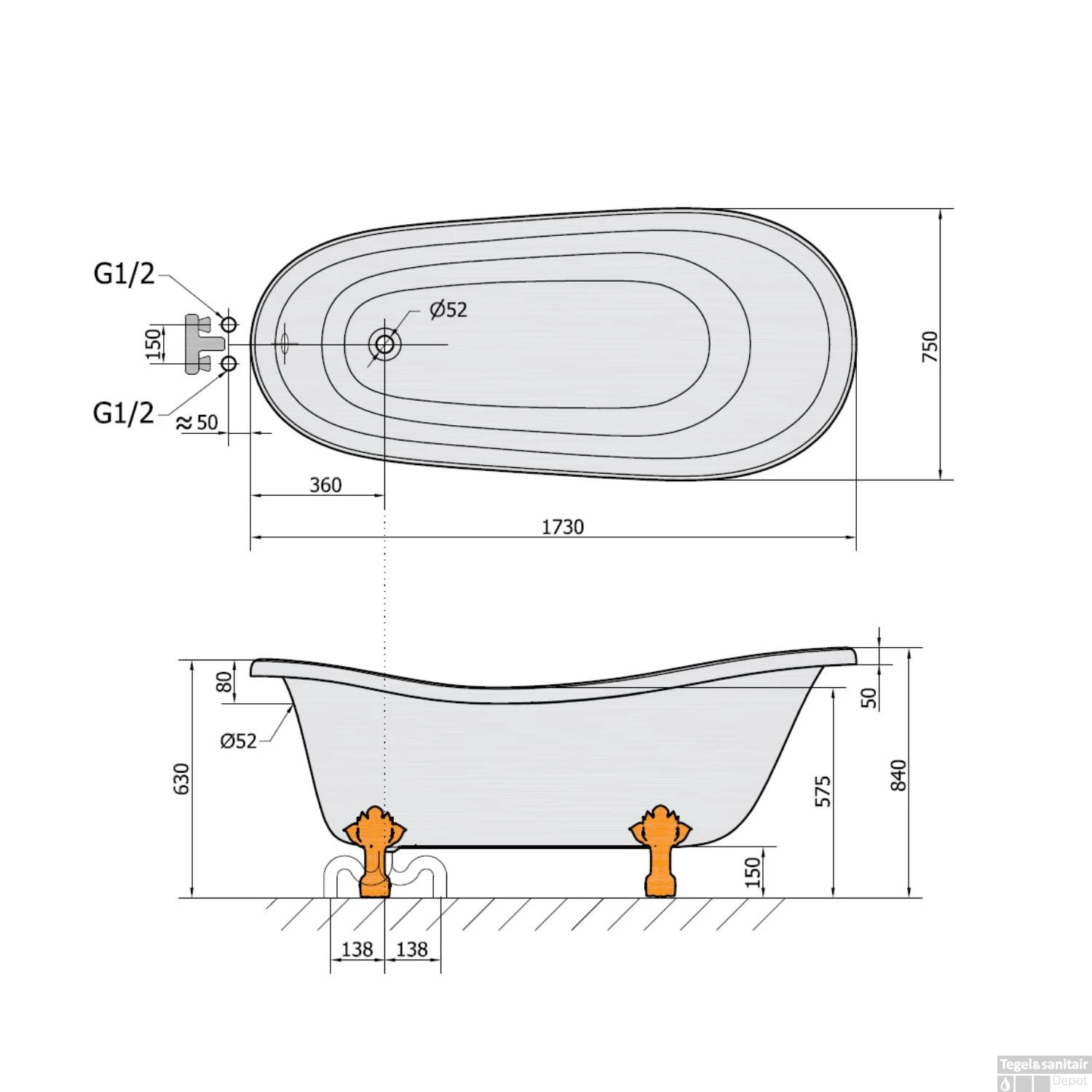 Vrijstaand Bad Sapho Retro 173x75x84 Cm Wit / Zwart Met Leeuwenpoten Chroom 6 Vrijstaand Bad Sapho Retro 173x75x84 Cm Wit / Zwart Met Leeuwenpoten Chroom - Afbeelding 6