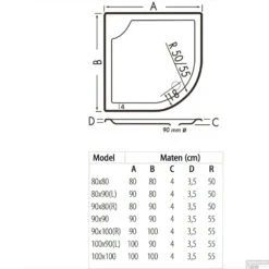 Kwartrond Douchebak Bounty 80x80x4cm Wit -Winkel Voor Badkamerdouchebenodigdheden 80x80 bounty wit technische tekening