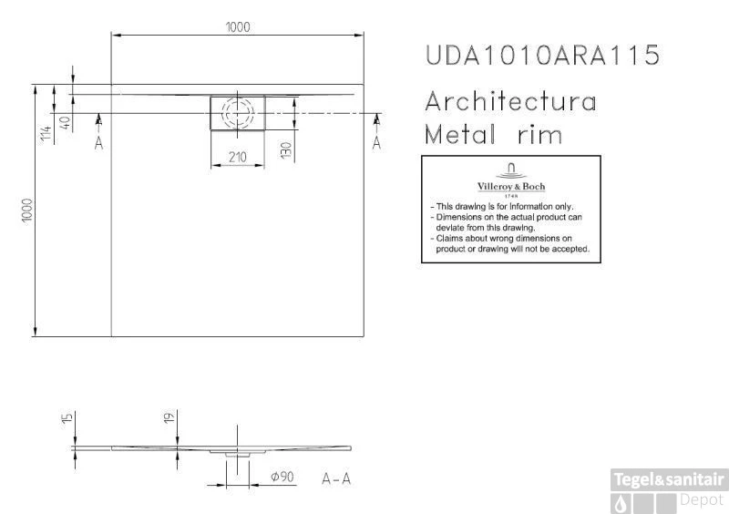 Villeroy & Boch Architectura Metal Rim Douchebak 100x100x1.5 Cm. Wit 2 Villeroy & Boch Architectura Metal Rim Douchebak 100x100x1.5 Cm. Wit - Afbeelding 2