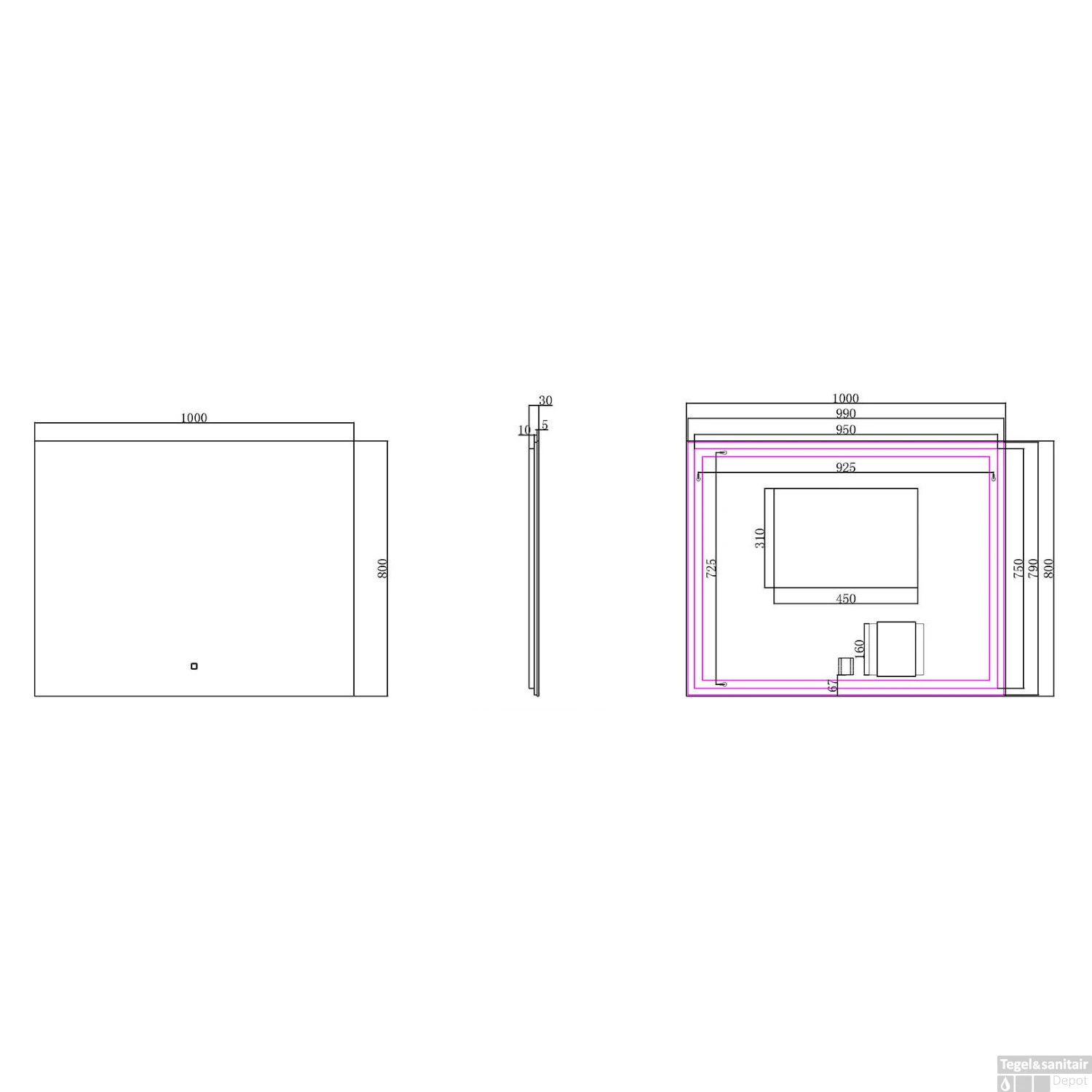 Badkamerspiegel Boss & Wessing Luc Rechthoek Inclusief LED Verlichting Backlight 100 Cm - Afbeelding 2