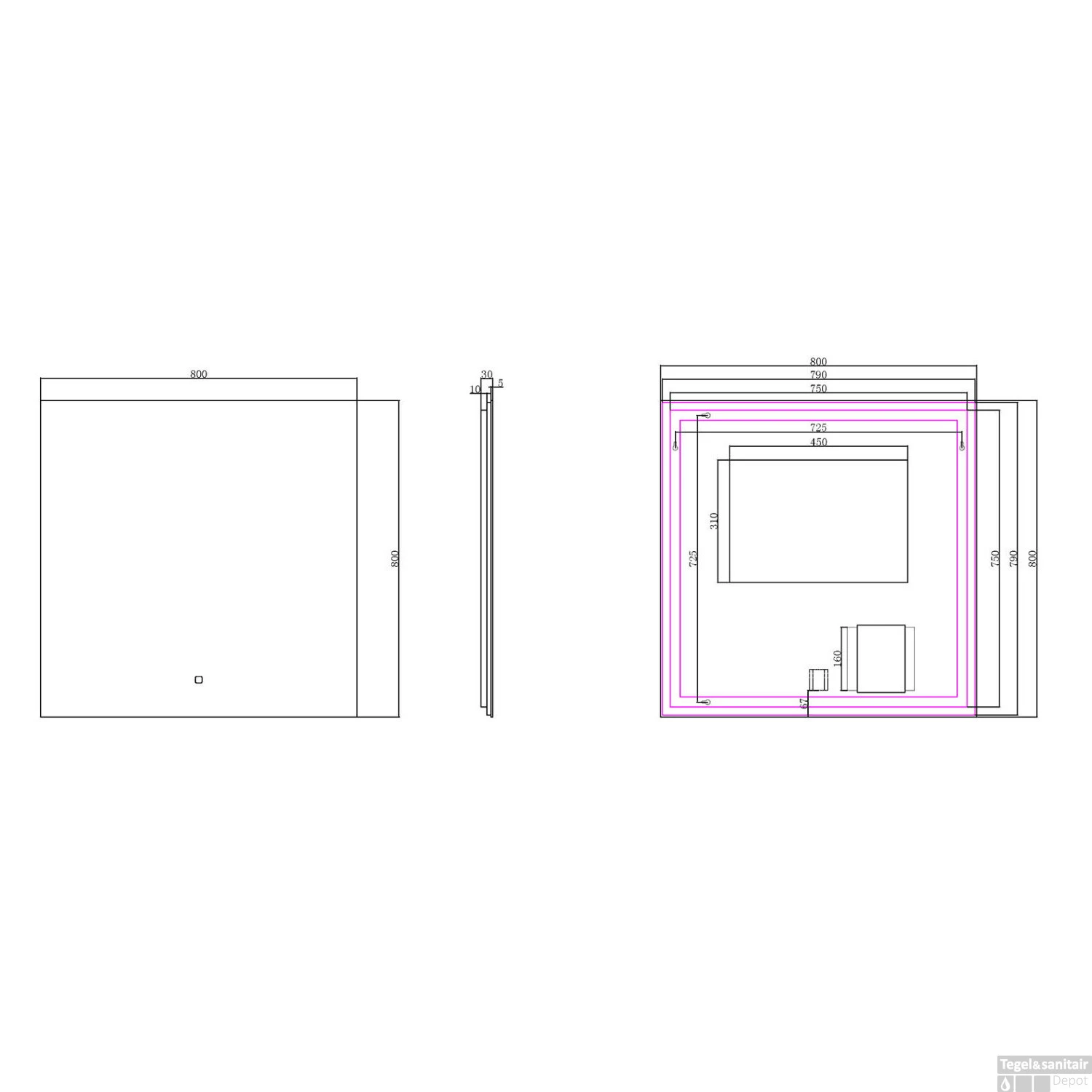 Badkamerspiegel Boss & Wessing Luc Rechthoek Inclusief LED Verlichting Backlight 80 Cm - Afbeelding 2