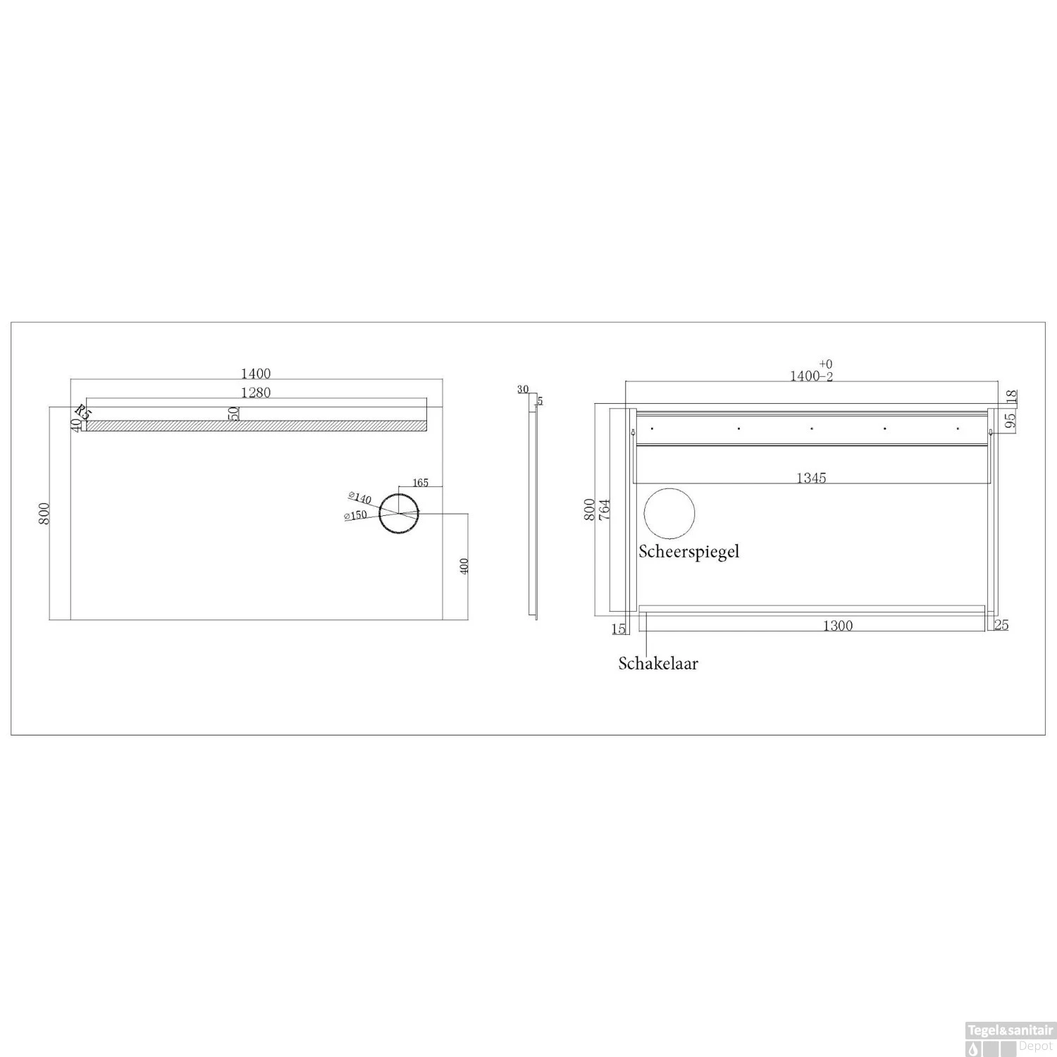 Badkamerspiegel Boss & Wessing Mire Rechthoek Inclusief LED Verlichting + Scheerspiegel 140 Cm - Afbeelding 2