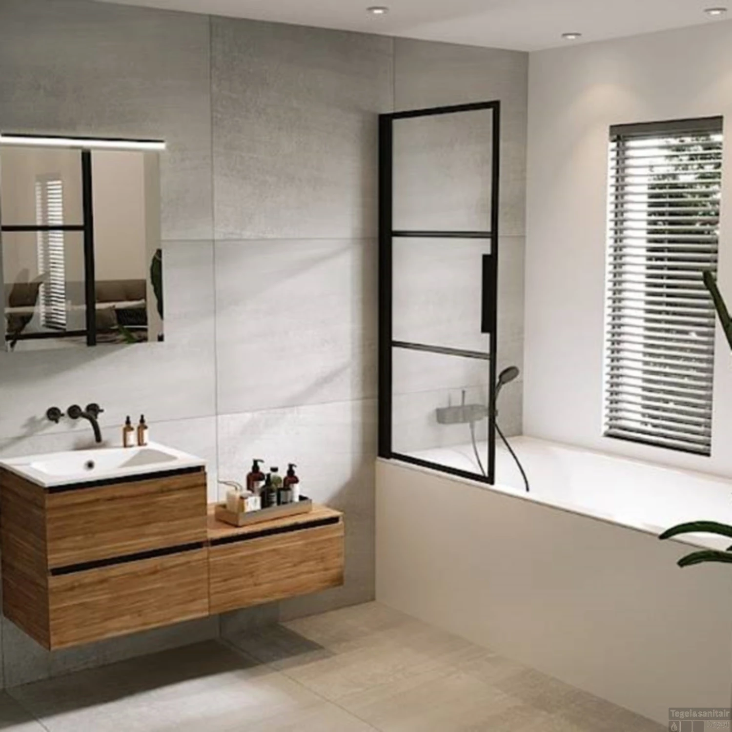 Badwand Met Klapdeur Riho Grid 80x150 Cm 6 Mm Helderglas Zwarte Profielen Links