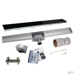 RVS Douchegoot BASIC Met Uitneembaar Sifon 90x7cm 6,7cm Diep GLAS ROOSTER -Winkel Voor Badkamerdouchebenodigdheden basic glas rooster 90cm shop