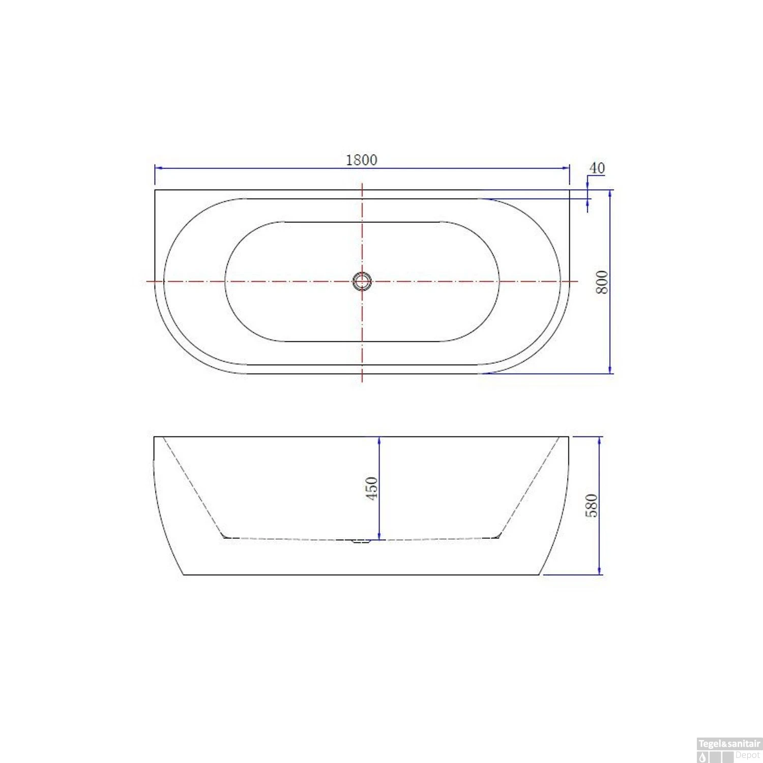 BWS Half Vrijstaand Ligbad | Wall | 180x80cm | Met Waste | Acryl Glans Wit - Afbeelding 2