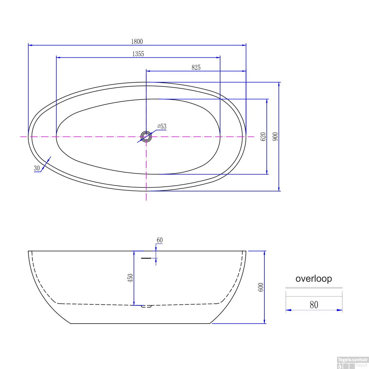 BWS Vrijstaand Acryl Ligbad Sandro 180x90x60cm Glans Wit Met Waste En Overloop - Afbeelding 3