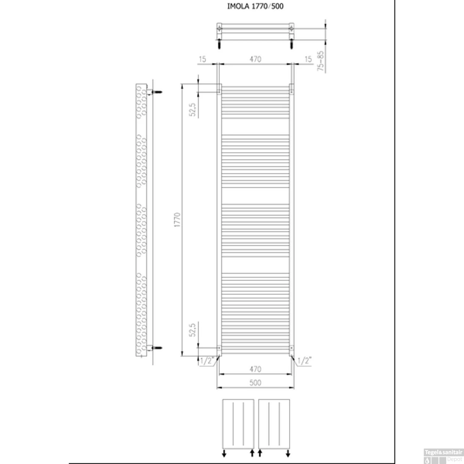 Designradiator Boss & Wessing Ifona 177x50 Cm 1155 Watt Met Zijaansluiting Donkergrijs Structuur - Afbeelding 2
