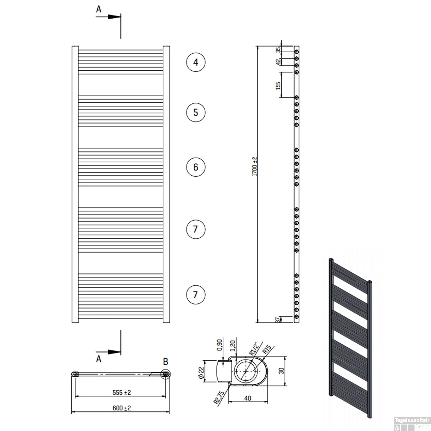 Designradiator Boss & Wessing Nile Gobi 170x60cm 886W Wit (Midden Aansluiting) 3 Designradiator Boss & Wessing Nile Gobi 170x60cm 886W Wit (Midden Aansluiting) - Afbeelding 3