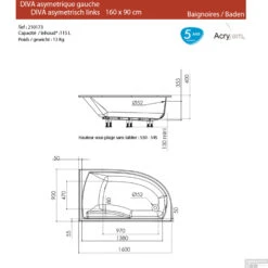 Hoekbad Allibert Diva 160x90 Cm Asymmetrisch Links -Winkel Voor Badkamerdouchebenodigdheden diva links 160x90 tech 1