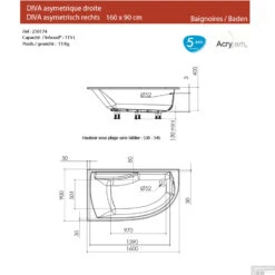 Hoekbad Allibert Diva 160x90 Cm Asymmetrisch Rechts -Winkel Voor Badkamerdouchebenodigdheden diva rechts 160x90 tech
