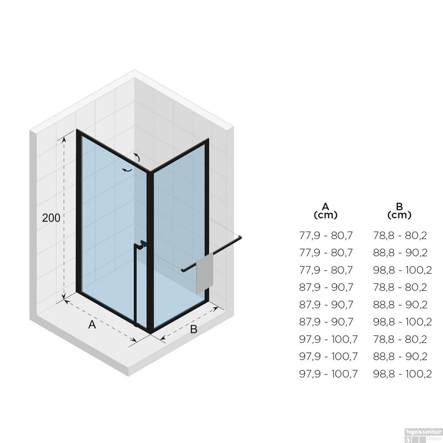 Douchecabine Riho Lucid GD201 Omkeerbaar Verstelbaar Aluminium 200x90x80 Cm Mat Zwart - Afbeelding 3