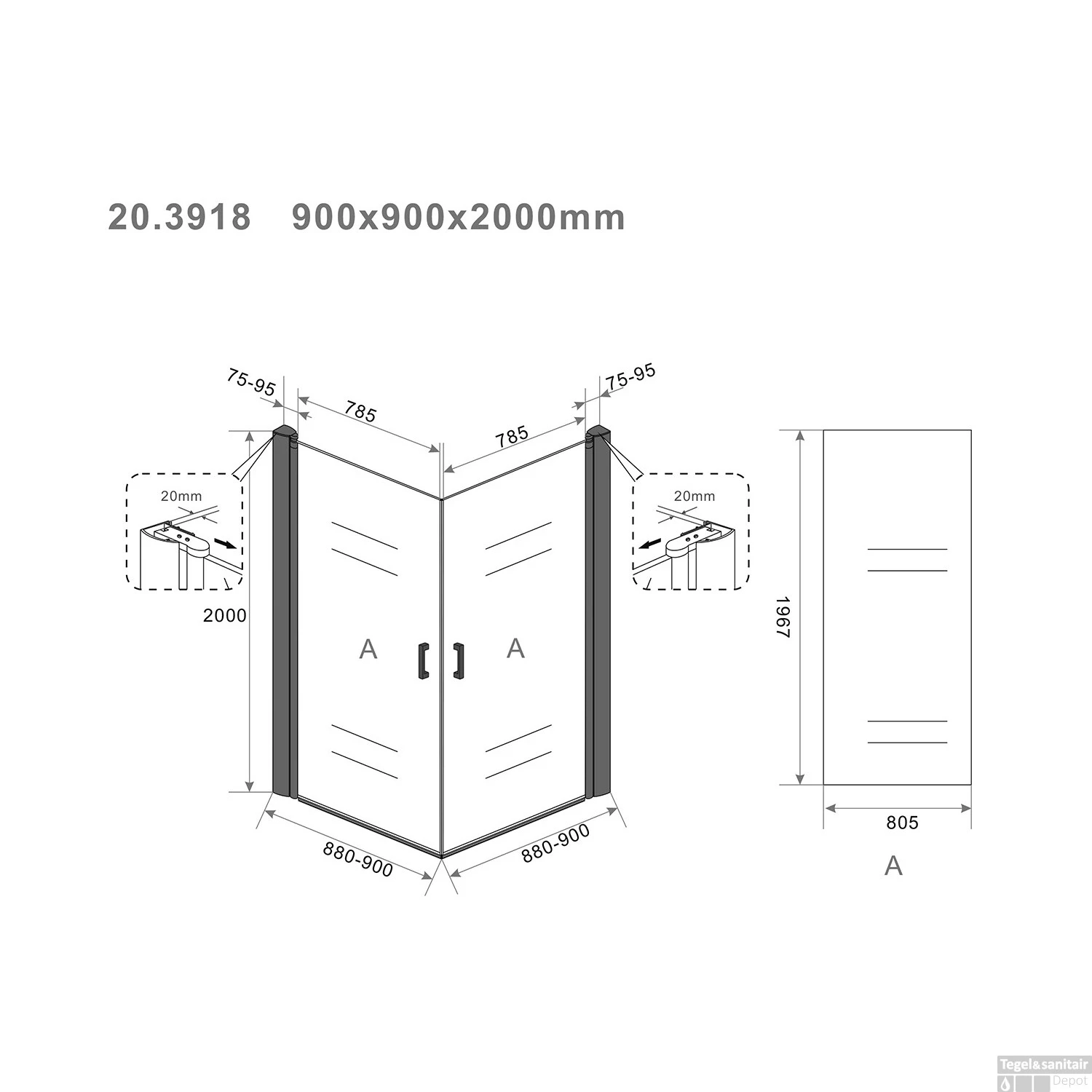 Douchecabine Boss & Wessing Uni 2 Draaideuren 90x90 Cm Nano Helder Glas 8 Mm Mat Zwart - Afbeelding 5