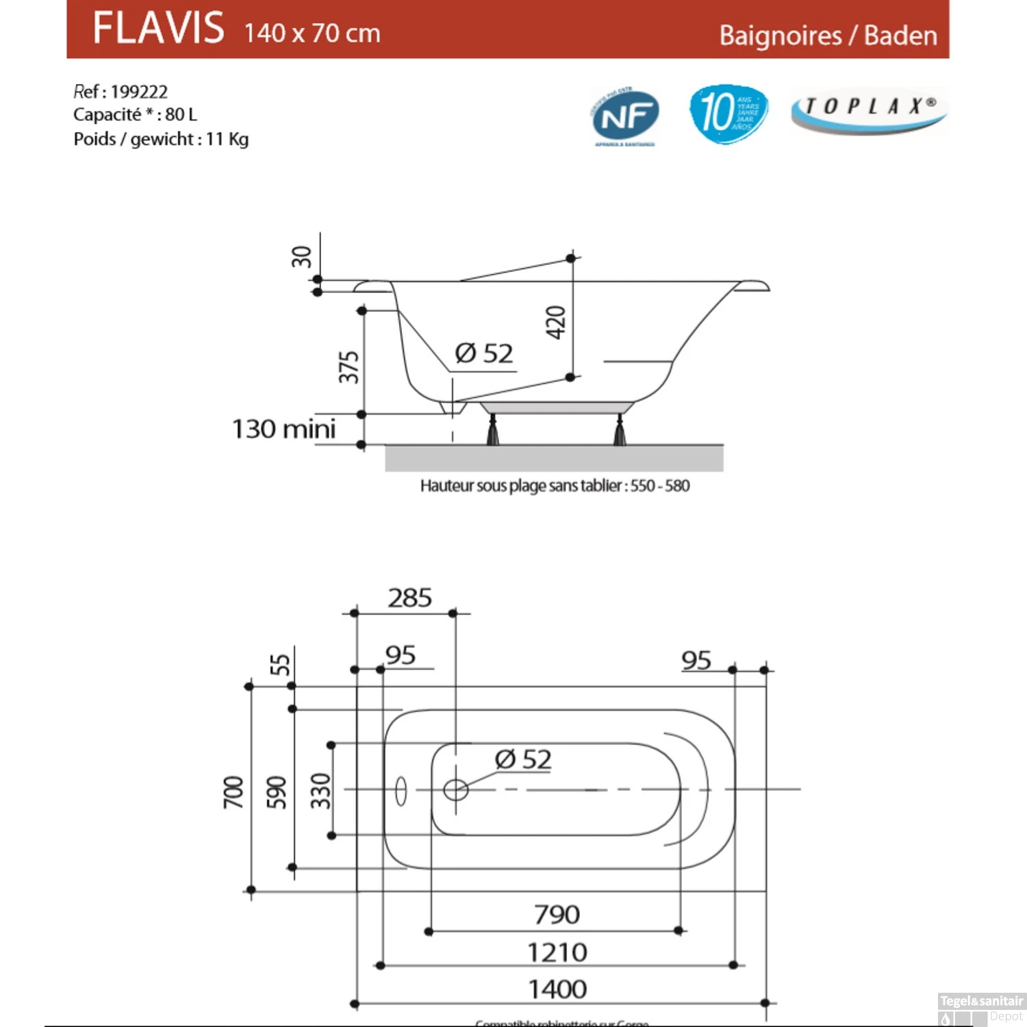 Ligbad Allibert Flavis 140x70x58.5 Cm 3 Ligbad Allibert Flavis 140x70x58.5 Cm - Afbeelding 3