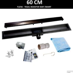 RVS Douchegoot Flens Met Uitneembaar Sifon 60x7cm 6,7cm Diep TEGELROOSTER MAT ZWART