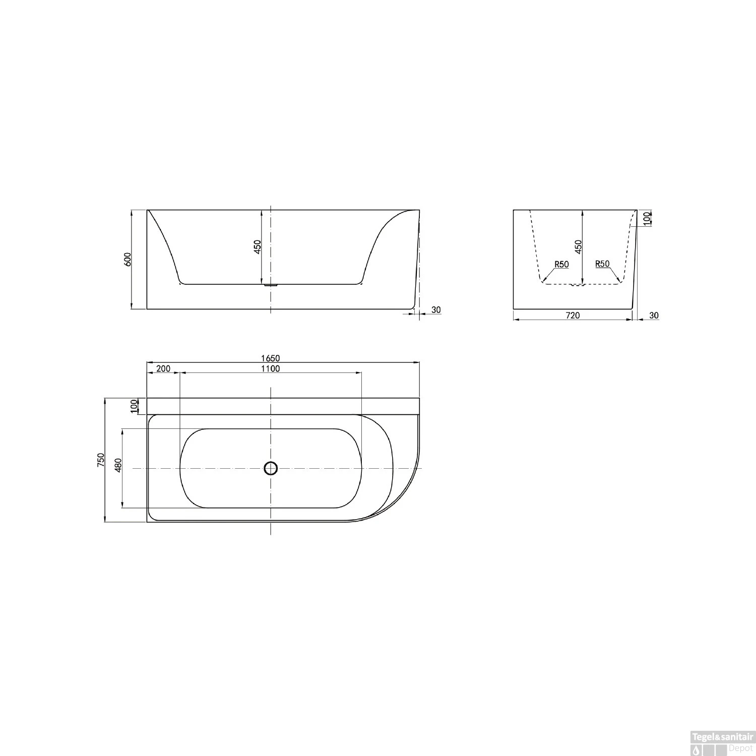 Half Vrijstaand Ligbad Luca Sanitair Primo Acryl 165x75x60 Cm Links Glans Wit (inclusief Afvoer En Sifon) - Afbeelding 3