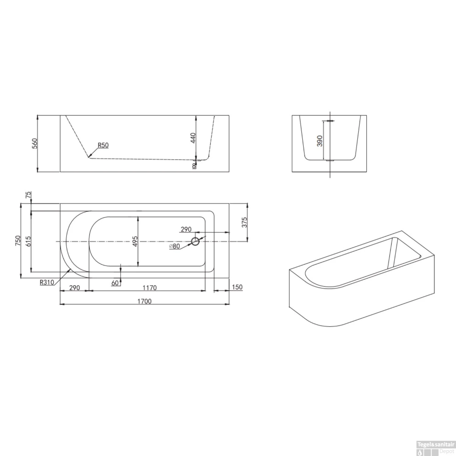 Hoekbad Allibert Serena 170x75x56 Cm Wit Rechts 7 Hoekbad Allibert Serena 170x75x56 Cm Wit Rechts - Afbeelding 7