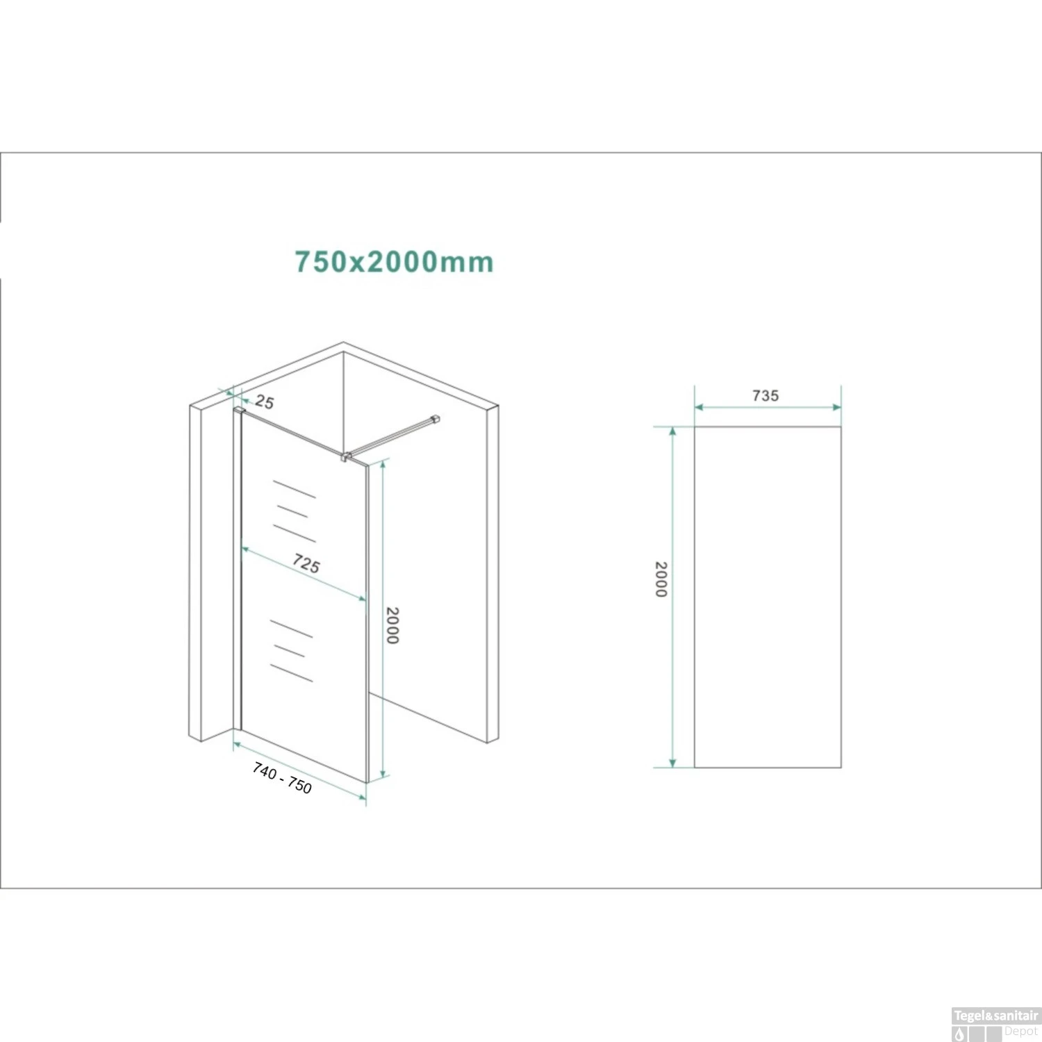 BWS Inloopdouche Pro Line Helder Glas 75x200 Geborsteld Messing Koper Profiel En Stang 8 BWS Inloopdouche Pro Line Helder Glas 75x200 Geborsteld Messing Koper Profiel En Stang - Afbeelding 8