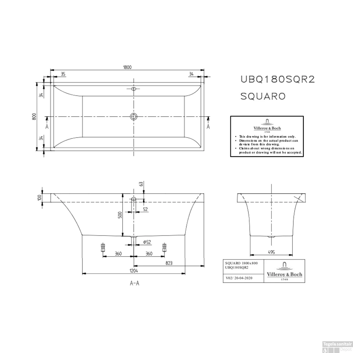 Ligbad Villeroy & Boch Squaro Quaryl 180x80 CM Met Poten Wit Alpin - Afbeelding 4