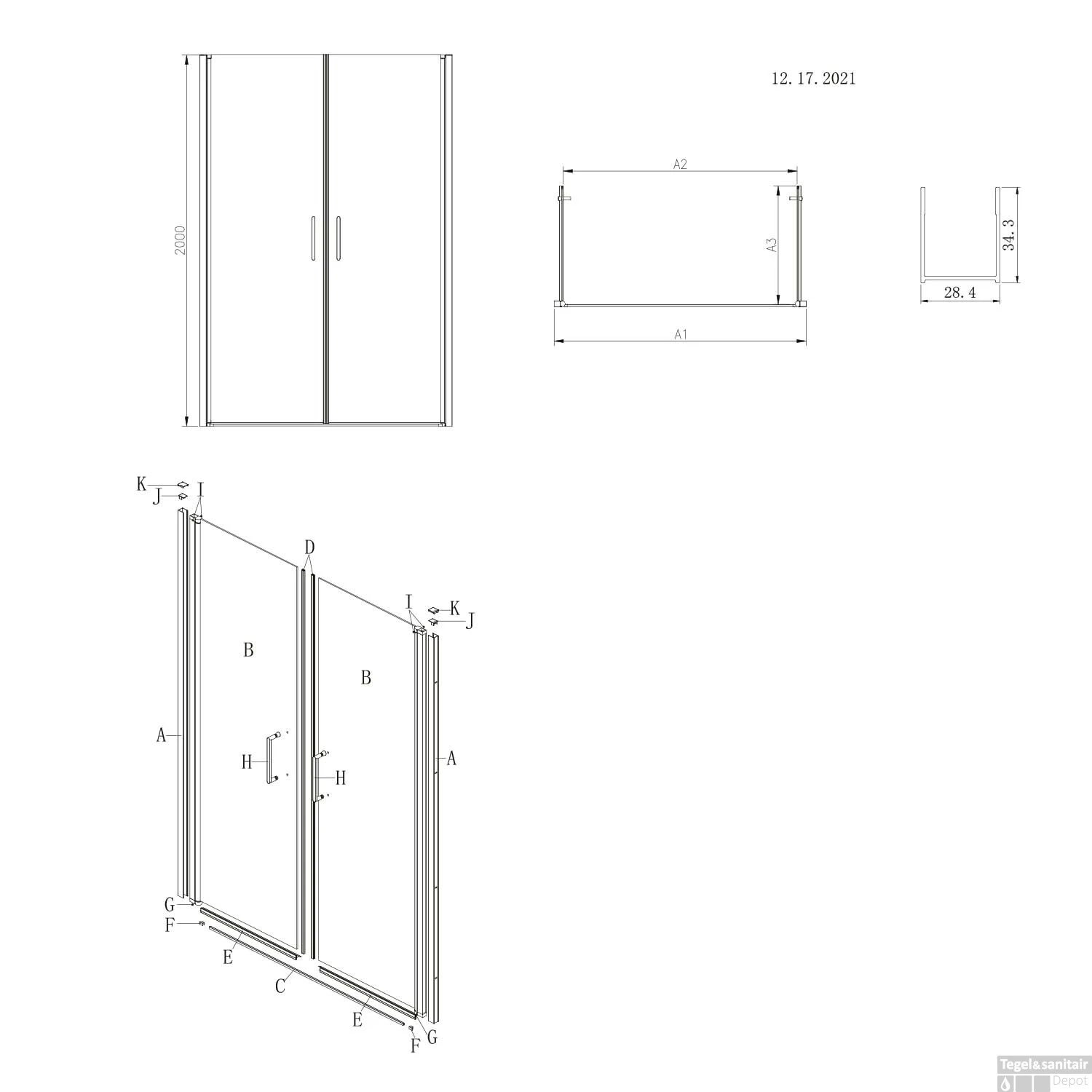 Nisdeur Lacus Giglio Evo Saloon 2 Klapdeuren 100x200 Cm Helder Glas Mat Zwart - Afbeelding 2