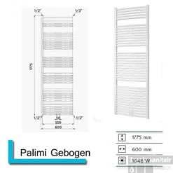Handdoekradiator Palimi Gebogen 1775 X 600 Mm Mat Zwart