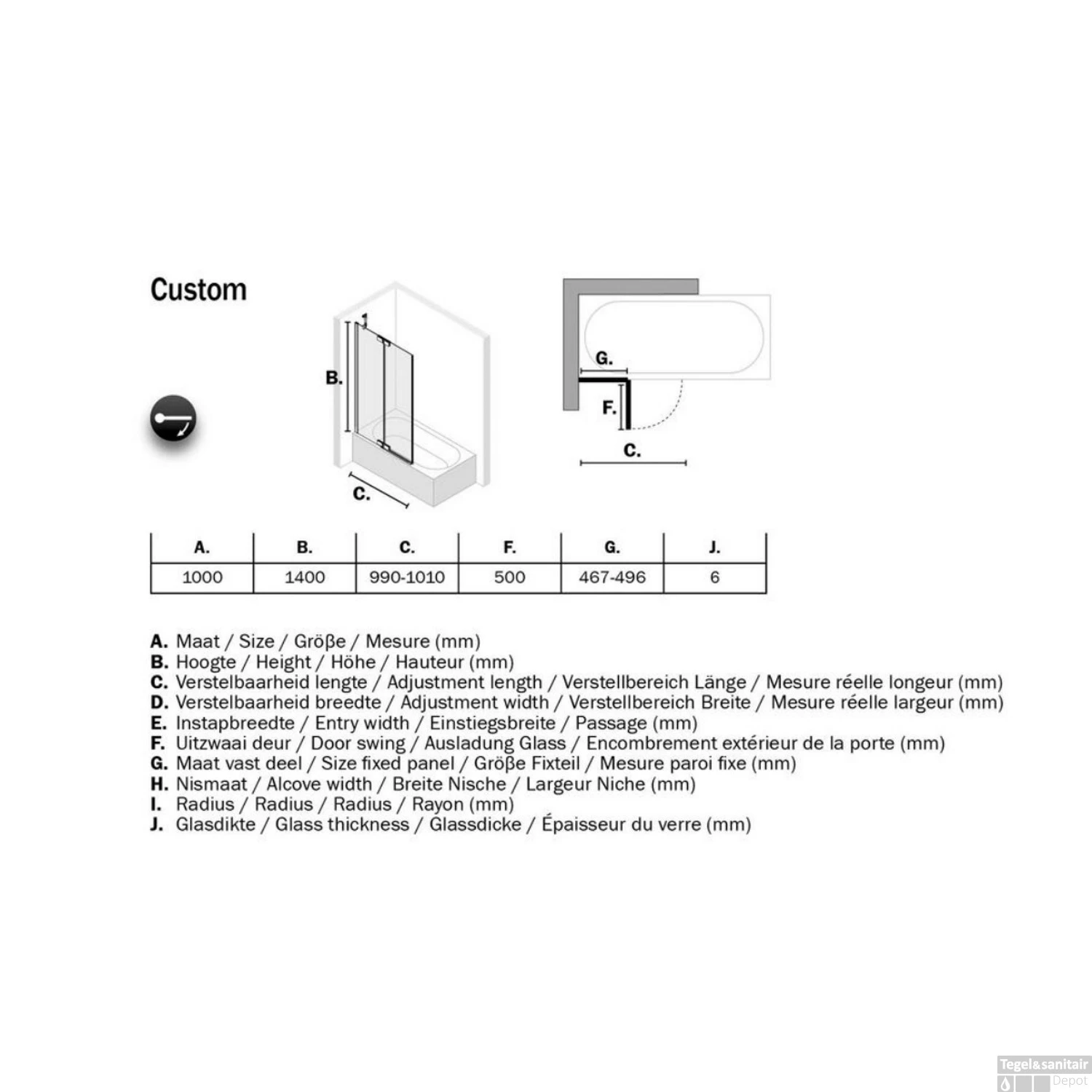 Badwand Sealskin Custom 100x140 Cm Zilver Hoogglans Helder Glas Links - Afbeelding 8