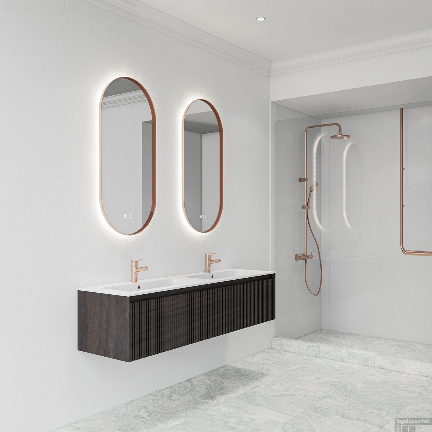 Spiegelcombinatie Boss & Wessing 2x Thyreos 50x100cm Ovaal Met Rand Koper LED Verlichting & Geïntegreerde Spiegelverwarming - Afbeelding 2