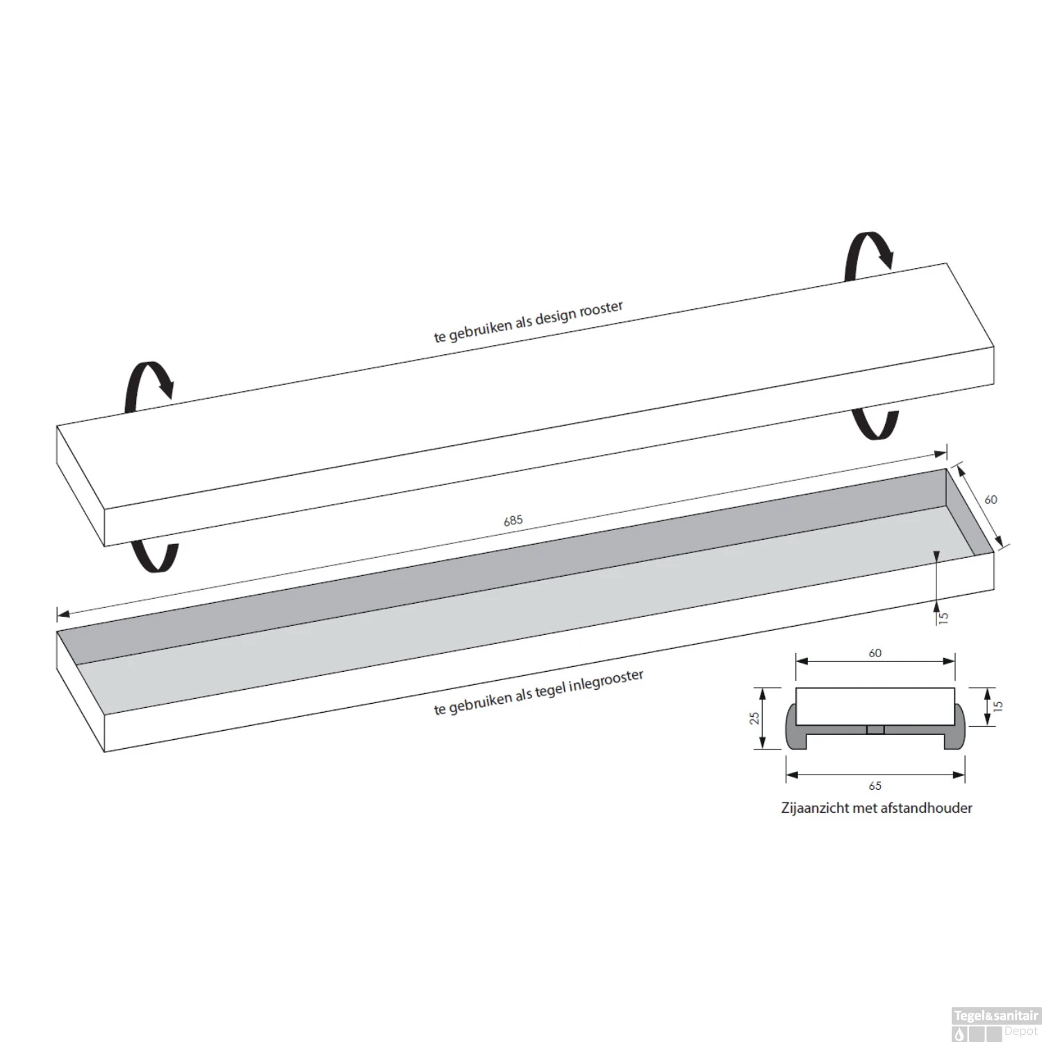 Tegelinlegrooster Brauer Chrome Edition Omkeerbaar Tbv Douchegoot STD/W/PS 70x7 Cm Inclusief Afstandhouders - Afbeelding 3