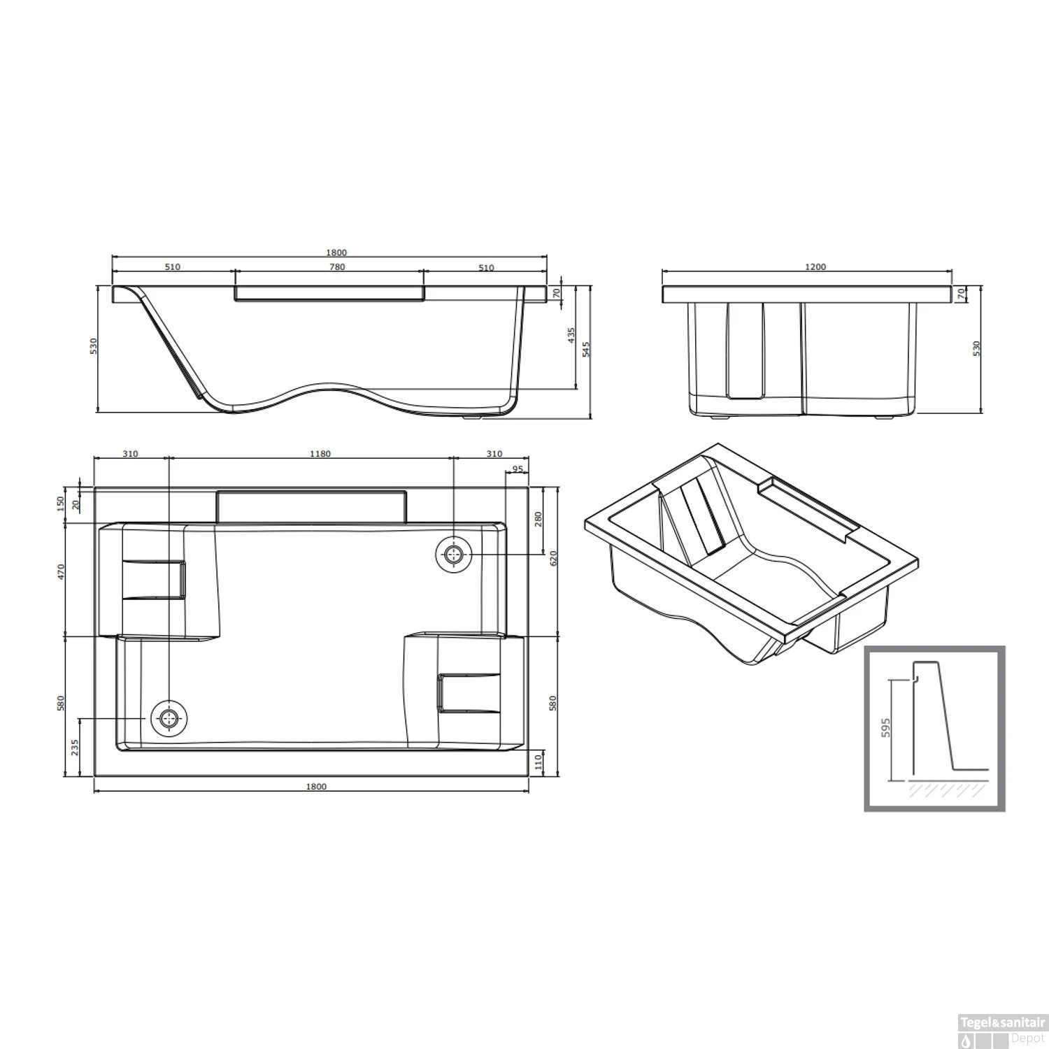 Whirlpool Sanindusa Twospace 180x120 Cm Met Hydropomp Blower En Pneumatische Bediening Glans Wit - Afbeelding 2